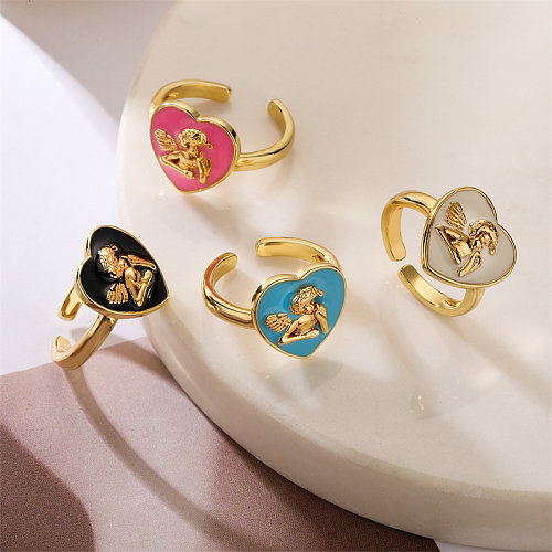 Retro Angel Heart Shape Copper Plating Inlay Zircon Gold Plated Open Rings