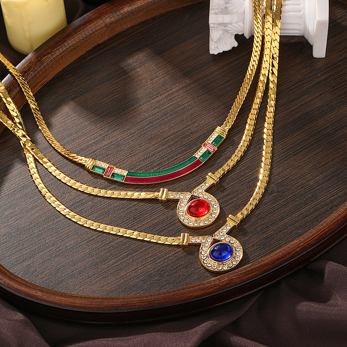 Vintage-Stil, einfacher Stil, ovale Halskette aus Kupfer mit 18 Karat vergoldetem Kristallglas und Zirkon in großen Mengen