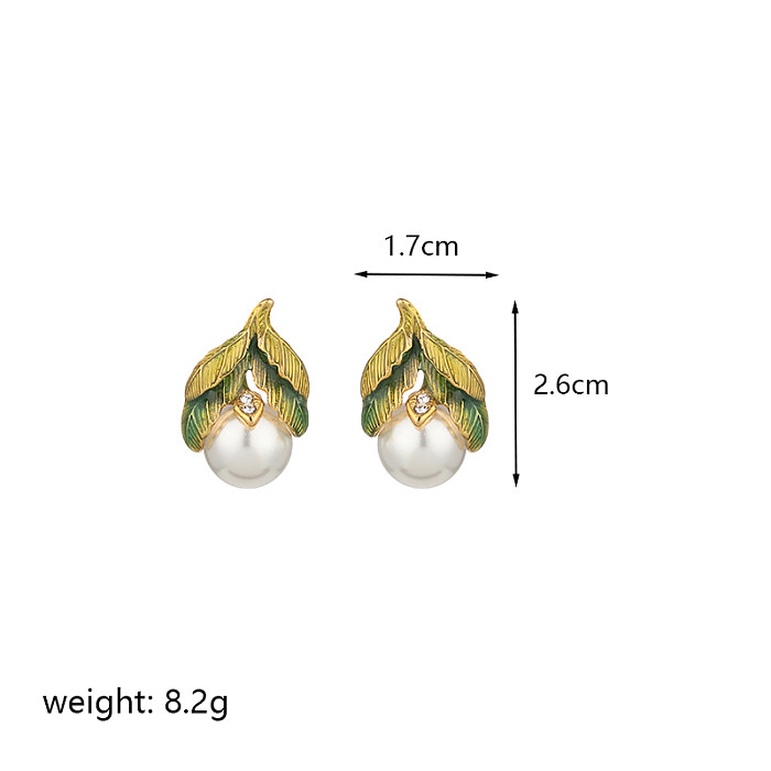 1 par retro estilo simples folha chapeamento incrustação cobre pérola zircão brincos banhados a ouro 18K
