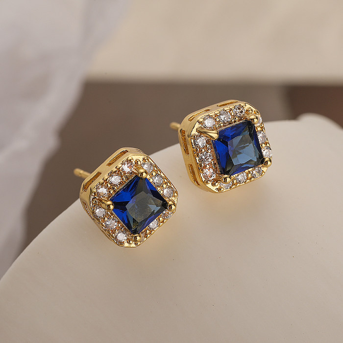 1 Pair Simple Style Commute Square Plating Inlay Copper Zircon 18K Gold Plated Ear Studs