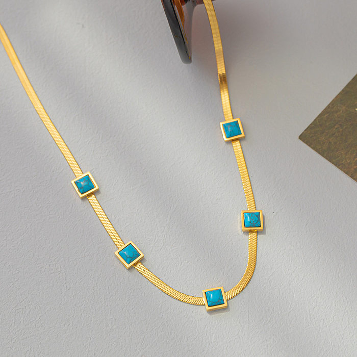 Colar de pulseiras turquesa com embutimento de aço titânio quadrado estilo simples