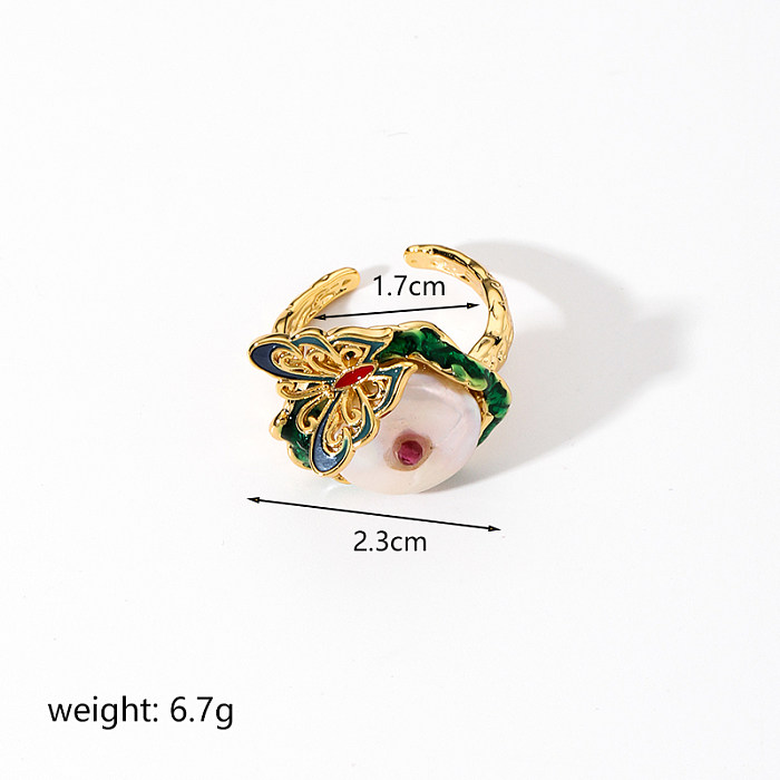 Baroque Style Butterfly Copper Plating Inlay Freshwater Pearl 18K Gold Plated Open Rings