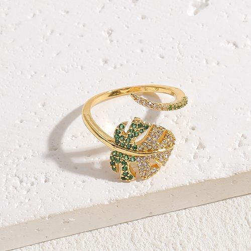 Elegant Luxurious Classic Style Colorful Copper Asymmetrical Plating Inlay Zircon 14K Gold Plated Open Rings