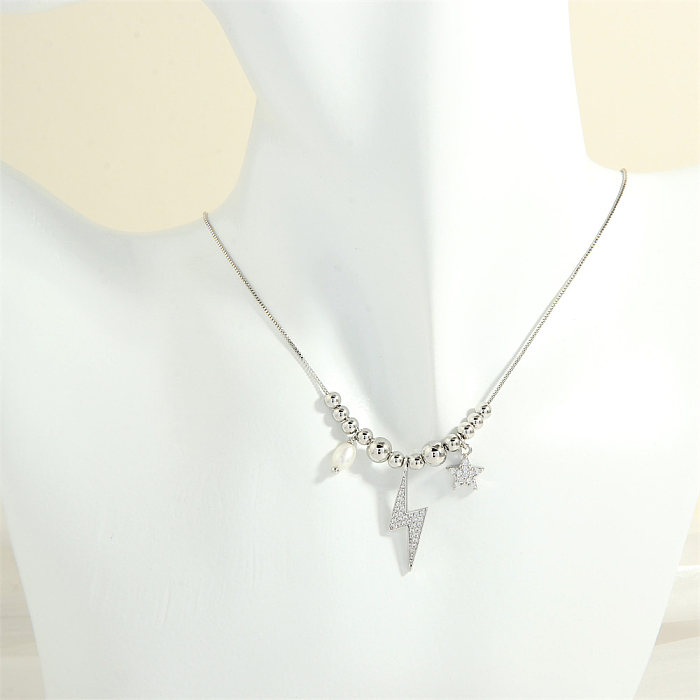 Collier pendentif pentagramme plaqué or 18 carats, Style rétro Simple, perle d'eau douce, cuivre, incrustation de perles en Zircon