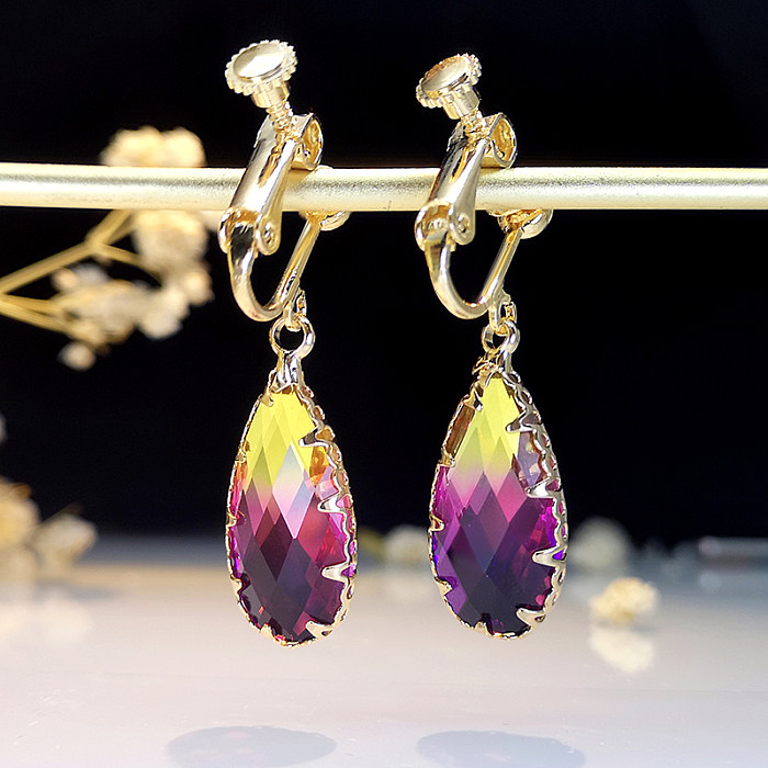 1 Pair Glam Classical Water Droplets Gradient Color Plating Inlay Copper Artificial Gemstones Gold Plated Ear Clips