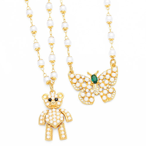 Halskette mit Anhänger im INS-Stil, kleiner Bär, Schmetterling, Kupferbeschichtung, Inlay, Perle, Zirkon, 18 Karat vergoldet