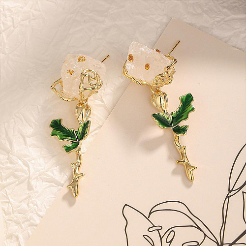 Boucles d'oreilles élégantes de Style coréen, 1 paire, feuilles, fleurs, incrustation d'émail, cuivre, pierres précieuses artificielles