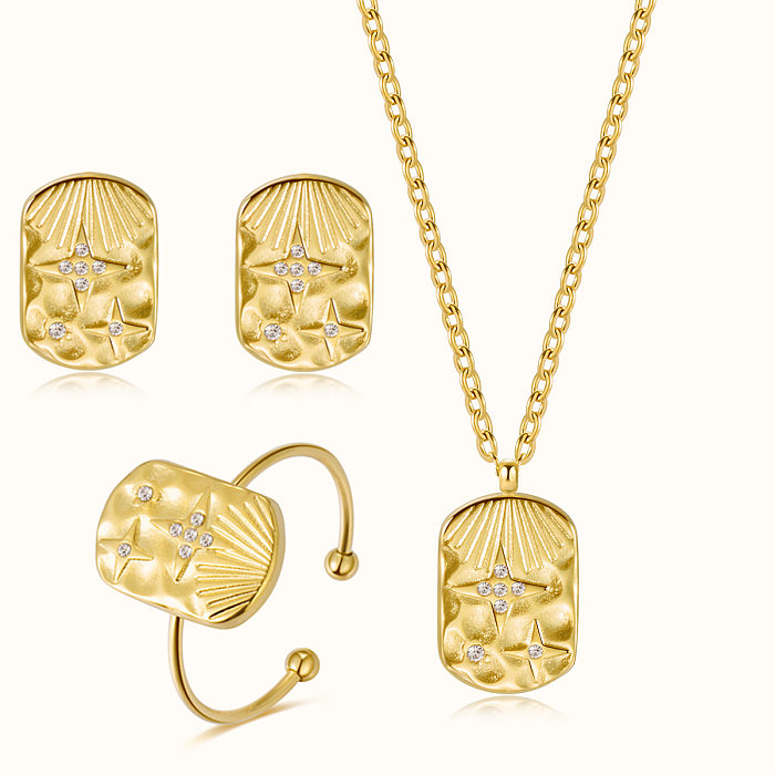 Conjunto de joias femininas banhadas a ouro 14K com strass de chapeamento de aço de titânio quadrado da moda