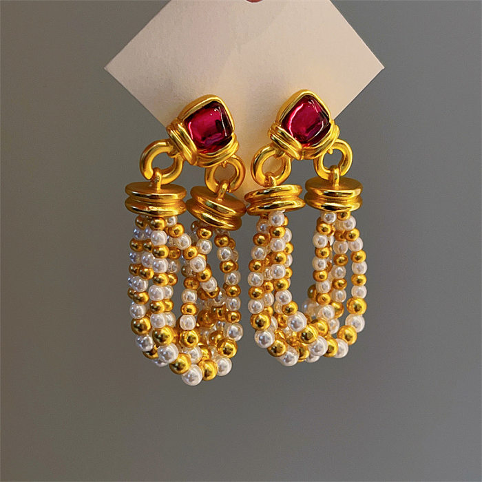 Boucles d'oreilles à pampilles géométriques, 1 paire, Style classique de base, placage d'imitation de perles en cuivre