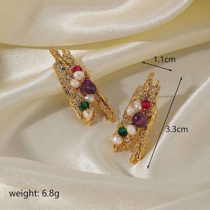 1 paire de clous d'oreilles plaqués or 18 carats, Style Simple, incrustation de placage irrégulier, Imitation de cuivre, perle coupée en cristal