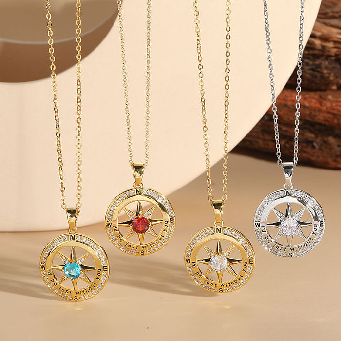Elegant Luxurious Classic Style Compass Copper Plating Inlay Zircon 14K Gold Plated Pendant Necklace
