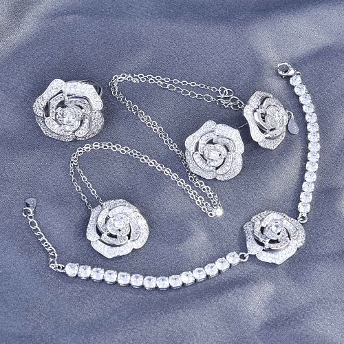 Hollow Rose Flower Necklace Camellia Earrings Micro Inlaid Open Ring Bracelet Female