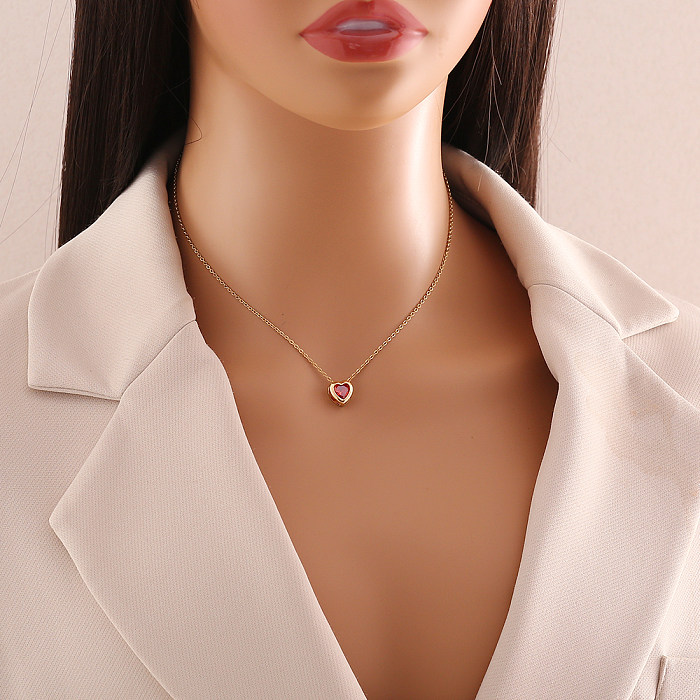 Simple Style Commute Heart Shape Copper Plating Inlay Zircon Pendant Necklace