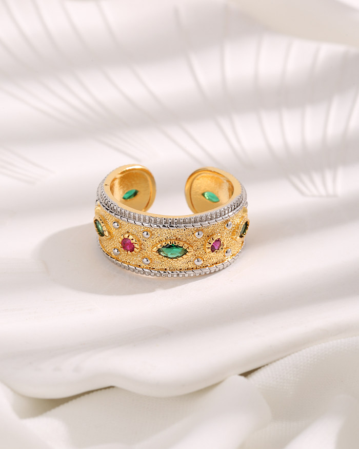 Glam Style Vintage œil de cheval placage de cuivre incrusté de Zircon anneaux ouverts plaqués or 18 carats