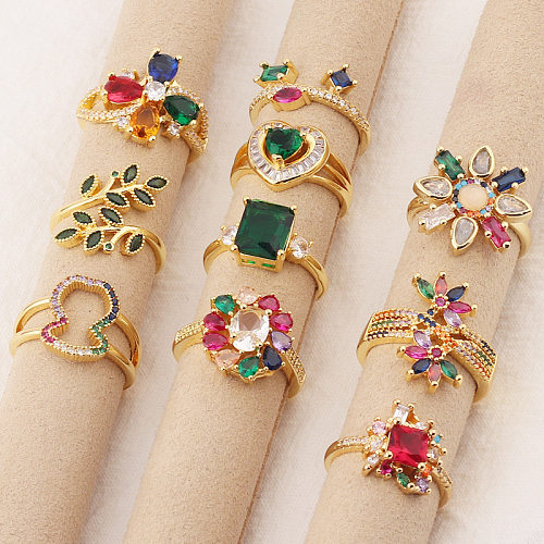 Anéis de cobre de flores em forma de coração quadrado fashion anéis de cobre embutidos de zircão
