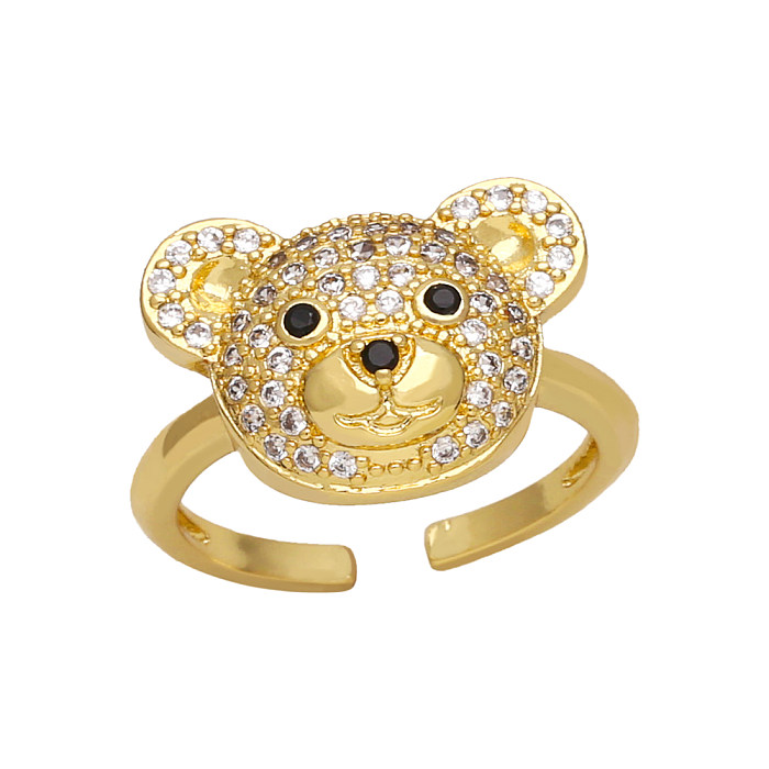 Cute Fashion Sweet Bear Copper Plating Inlay Zircon 18K Gold Plated Open Rings