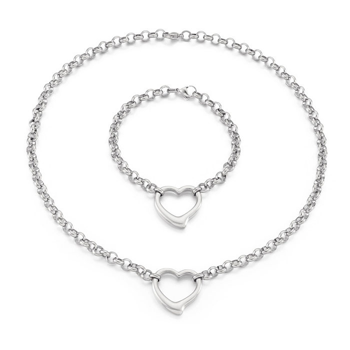 Fashion New Chain Heart-Shaped Pendant Necklace Bracelet Stainless Steel Jewelry Set
