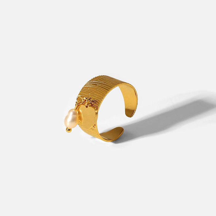 Anel aberto casual clássico estilo simples, pentagrama em formato de coração, aço inoxidável banhado a ouro, pérola, a granel