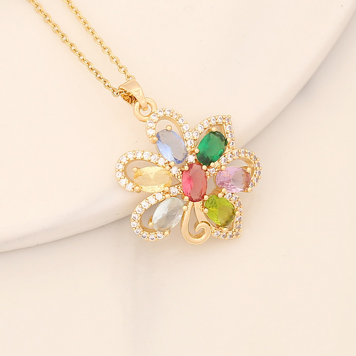 Romantische süße Pendel-Halskette mit Herzform, Blume, Kupferbeschichtung, Inlay-Zirkon-Anhänger