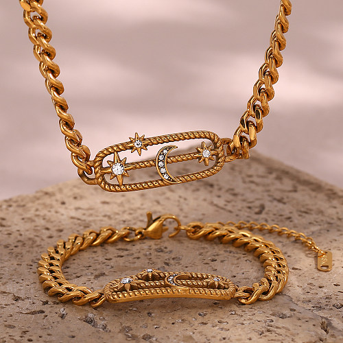 Estilo simple básico Estilo clásico Estrella Luna Chapado en acero inoxidable Incrustaciones de diamantes de imitación Collar de pulseras chapadas en oro de 18 quilates
