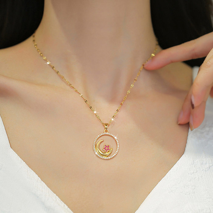 Luxurious Star Moon Stainless Steel Copper Plating Rhinestones Pendant Necklace