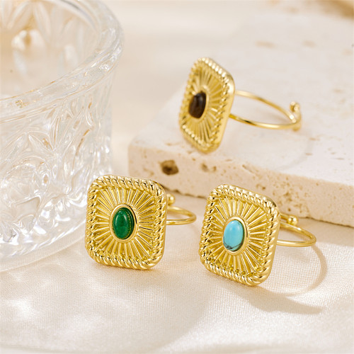 Vintage Style Square Stainless Steel Plating Inlay Turquoise 18K Gold Plated Open Rings
