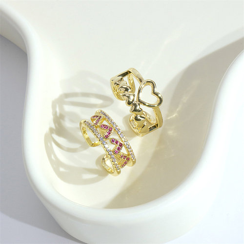 INS Style Heart Shape Copper Plating Inlay Zircon Gold Plated Open Ring