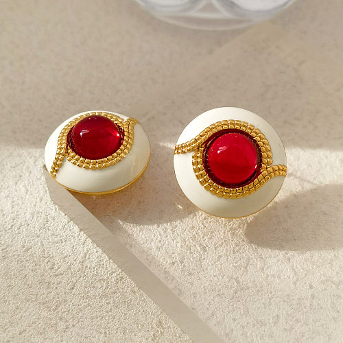 1 Pair Retro Round Copper Inlay Gem Earrings