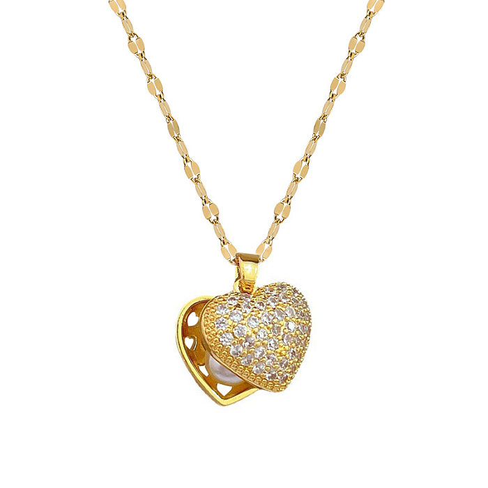 Sweet Heart Shape Titanium Steel Copper Inlay Artificial Pearls Zircon Pendant Necklace