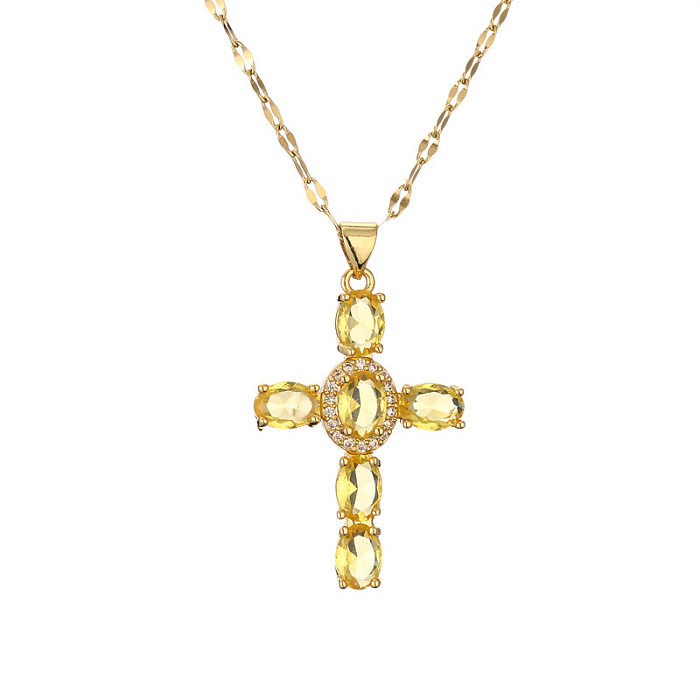 Vintage-Stil-Kreuz-Kupfer-Beschichtung-Inlay-Zirkon-Anhänger-Halskette