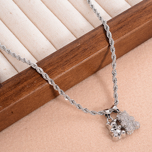 Casual Bear Copper Plating Inlay Zircon Pendant Necklace