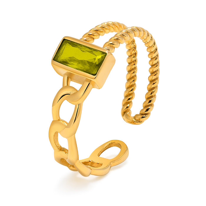 Estilo IG estilo francês estilo simples retângulo de aço inoxidável patchwork chapeamento inlay zircão 18K anel aberto banhado a ouro