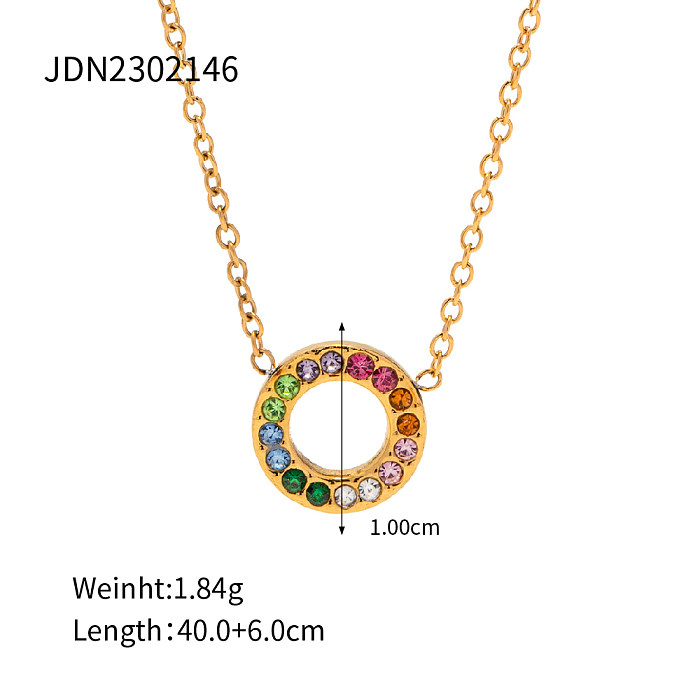INS Style Retro Circle Stainless Steel Inlay Zircon 18K Gold Plated Earrings Necklace