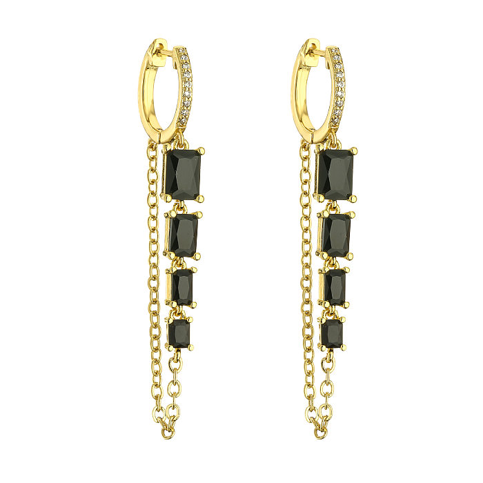 1 Pair Simple Style Shiny Rectangle Chain Inlay Copper Zircon Drop Earrings