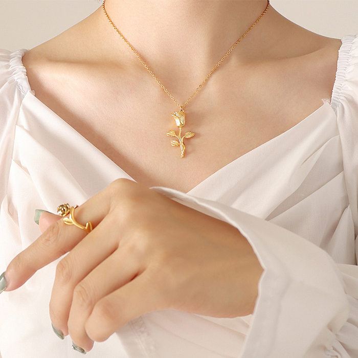 Mode Retro Rose Titan Stahl vergoldet Halskette Ring