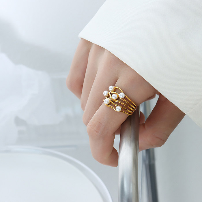 Elegant Sweet Geometric Titanium Steel Water Ripples Plating Inlay Artificial Pearls 18K Gold Plated Open Ring Wave Ring