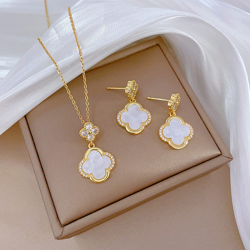 Elegant Sweet Artistic Four Leaf Clover Titanium Steel Steel Copper Plating Inlay Artificial Gemstones Gold Plated Earrings Necklace