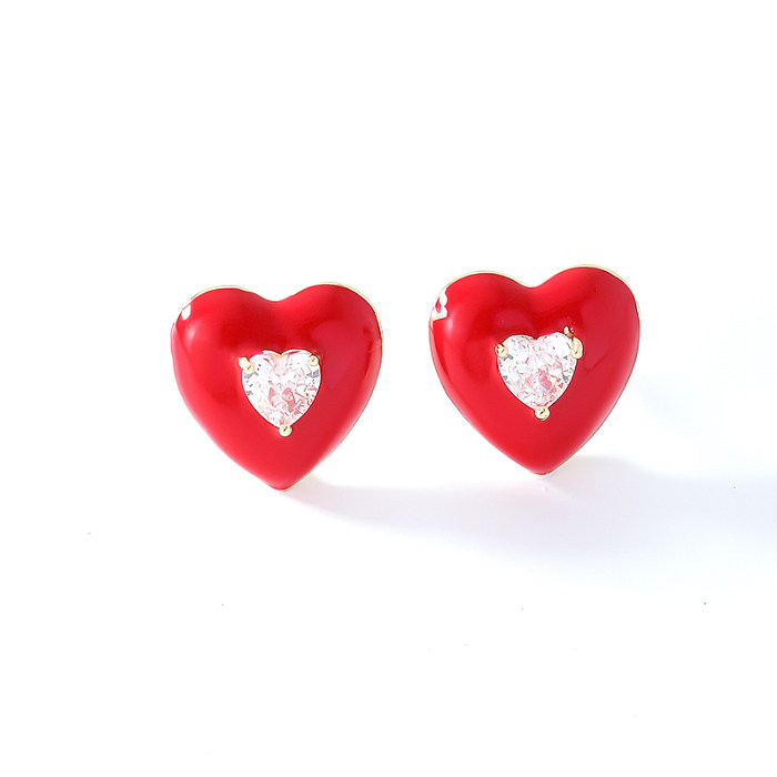 1 Pair Sweet Simple Style Heart Shape Enamel Inlay Copper Zircon Ear Studs
