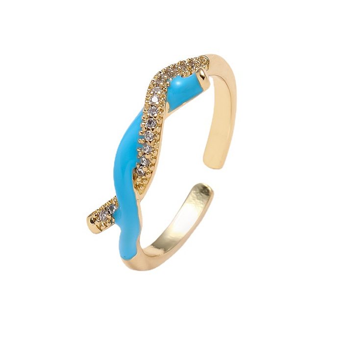 Simple Style Twist Copper Enamel Plating Inlay Zircon Gold Plated Open Rings