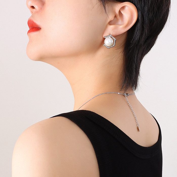 Mode géométrique incrusté Imitation perle pendentif titane acier boucles d'oreilles collier ensemble de bijoux