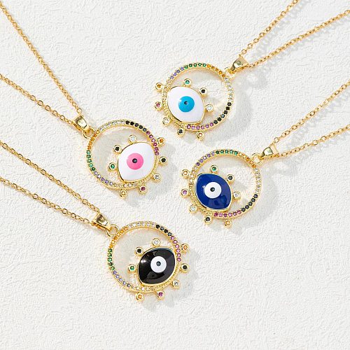 Simple Style Devil'S Eye Copper Enamel Plating Inlay Zircon Pendant Necklace