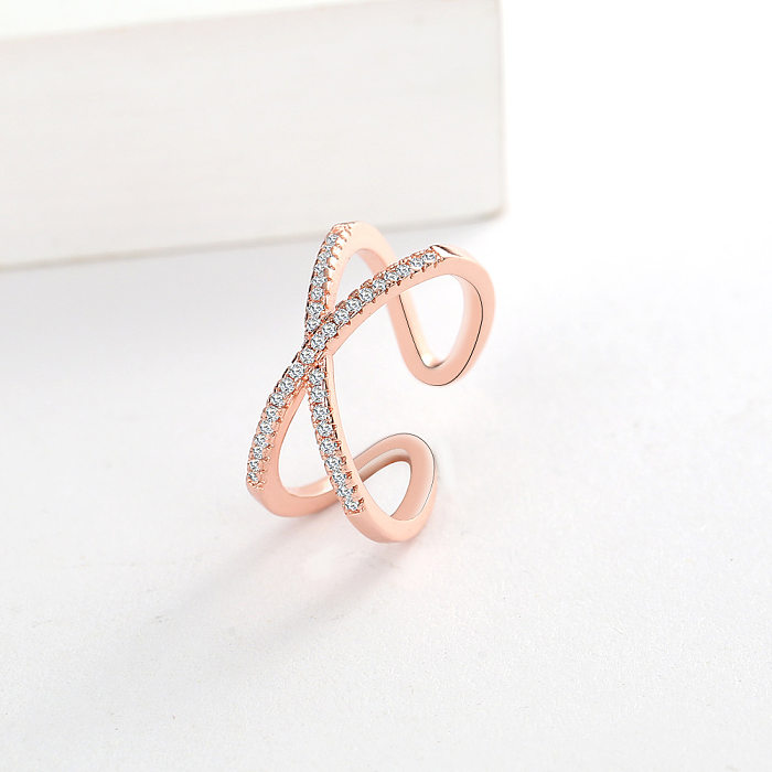 Simple Style Cross Copper Inlay Zircon Open Rings