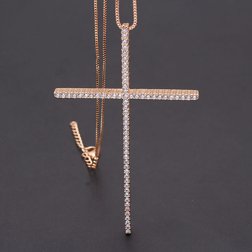 Simple Style Cross Copper Plating Inlay Zircon Gold Plated Pendant Necklace