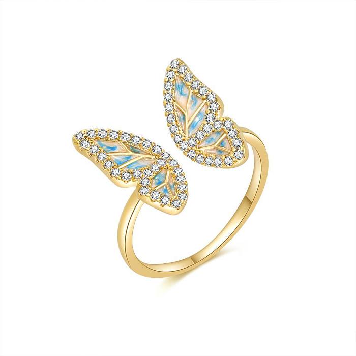 Simple Style Butterfly Copper Plating Inlay Zircon Gold Plated Open Rings