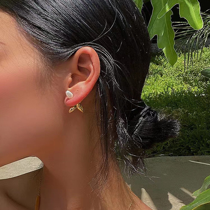 Retro Four Leaf Clover Brass Ear Studs Inlay Pearl Copper Earrings
