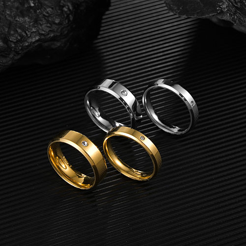 Novo Simples dupla borda chanfrada banhado a ouro anel de casal de zircão incrustado em aço inoxidável
