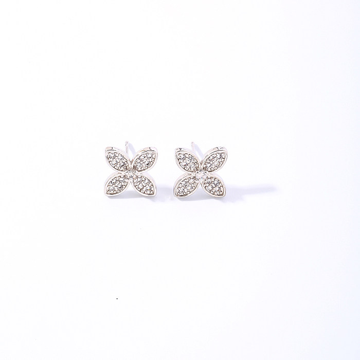 1 Pair Casual Sweet Four Leaf Clover Flower Plating Inlay Copper Zircon White Gold Plated Ear Studs