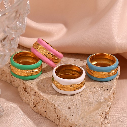 Vintage Style Classic Style Stripe Stainless Steel Enamel Plating 18K Gold Plated Wide Band Rings