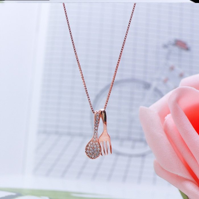 Simple Style Streetwear Spoon Copper Plating Inlay Zircon Pendant Necklace