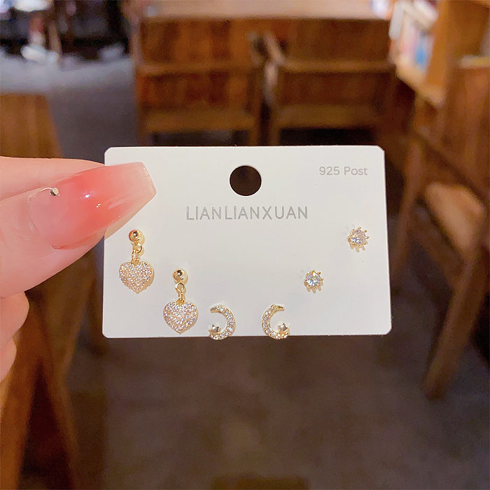 Cute Star Moon Bow Knot Copper Inlay Zircon Ear Studs 1 Set